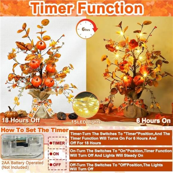 2 Pack & Timer Lighted Fall Tree Tabletop Fall Decor 30 LED Battery Operated - Picture 4 of 7